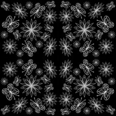 seamless pattern with leaves and flowers linocut style