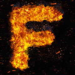 Letter F flame explosion shape with embers and sparks