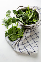 fresh spinach baby leaves in sieve and kitchen cloth