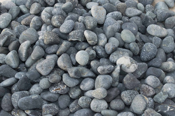 Piled gray cobble stones. Beach rocks