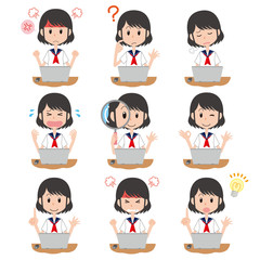 女子学生　女子高生　女子中学生　セーラー服　表情　ポーズ　セット　上半身　パソコン