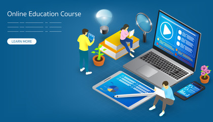 Online Education course Study From Remote Area by Online Application by Various Devices, Tablet with Stylus, Laptop and Smartphone with Internet Signal Isometric View Vector Graphics Banner Template