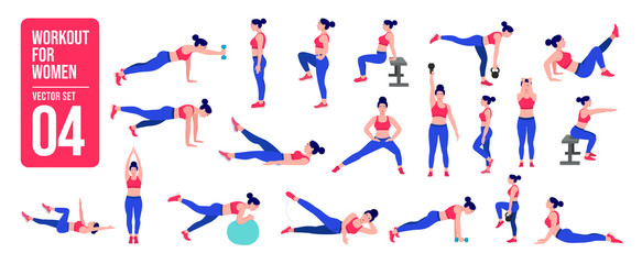 Fototapeta na wymiar Workout girl set. Woman doing fitness and yoga exercises. Lunges and squats, plank and abc. Full body workout.