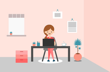Work from home. Working concept illustration. Woman sitting at a desk. Daytime work.