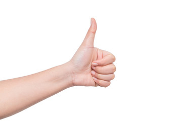 Gesture of the hand concept showing thumb up as celebration and congratulation winner isolated on white background.
