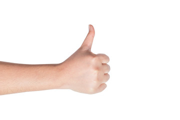 Gesture of the hand concept showing thumb up as celebration and congratulation winner isolated on white background.