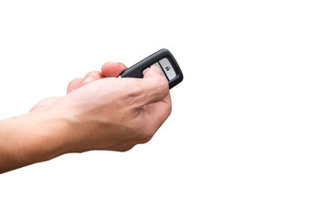 Young woman opening her luxurious car door the modern control remote keys isolated on white background. Hand is locking the automobile with the security system.