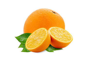 Natural orange fruit with cut in half and green leaves isolated on white background.