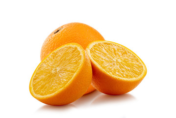 Natural orange fruit with cut in half and isolated on white background.