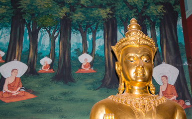 Buddhist painting detail inside Wat Chanasongkhram Ratchaworamahawihan (Wat Chana Songkhram), Bangkok, Thailand