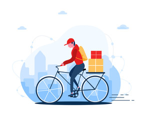 Online delivery service concept home and office. Fast courier on the bike. Shipping restaurant food, mail and packages. Modern vector illustration in flat cartoon style.