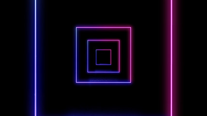 A number of neon squares and lines on the black background.