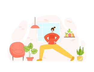 Girl doing sport exercises at home. Indoor training or workout concept. Home activity for people health. Woman doing fitness in living room with simple equipment - vector illustration on white