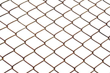 old dirty rust Metal mesh wire fence on white background