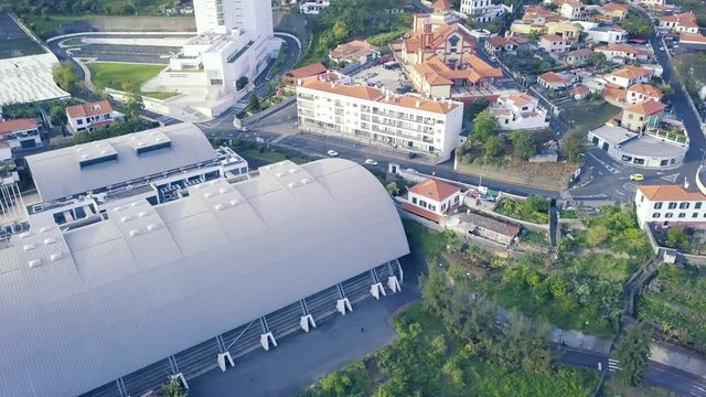 Aerial shot of Penteada Olympic Swimming pools in Santo Antonio, Funchal, Madeira.