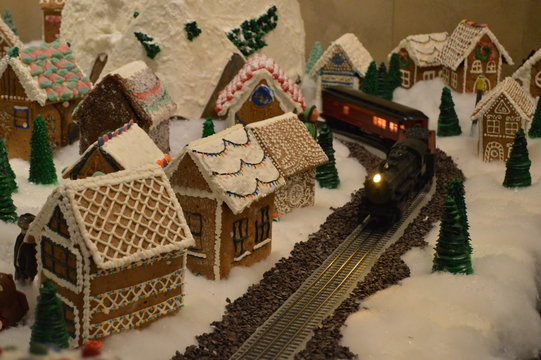 Christmas Gingerbread House with Toy Model Train in Hotel in Canada