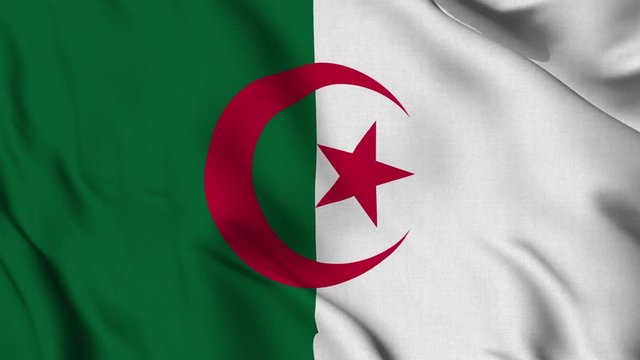 Algeria national flag waving with fabric texture fluttering in wind in a seamless loop in smooth slowmotion animation background