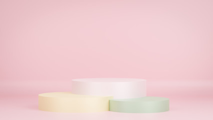 Product display and Pedestal for display concept.Blank product stand with geometrical form on pastel color background for new product,banner,sale,cosmetic,presentation.with copy space.3D render