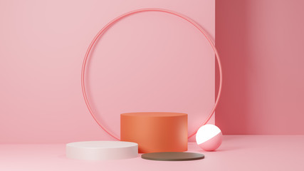 Product display and Pedestal for display concept.Blank product stand with geometrical form on pastel color background for new product,banner,sale,cosmetic,presentation.with copy space.3D render