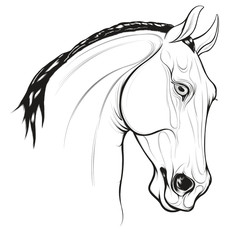 Linear portrait of a horse with mane thrown to the other side of the neck. Stallion pricked up its ears and looks with interest. Vector emblem, design element for equestrian goods and coloring books.