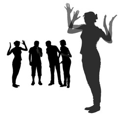Fototapeta na wymiar Vector silhouettes of a group of people during discussion, dispute. A team of men and women communicate, a man with a microphone, a girl with arms raised up, bent at the elbow. Emotional people.