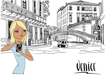 Romantic view of the old Venice. Young pretty travel girl with a camera. Urban landscape. Hand drawn line sketch. Colourful and black and white vector illustration