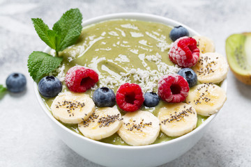 Healthy Breakfast smoothie in a bowl with hemp protein, avocado, banana, coconut, raspberries, blueberries and Chia seeds.