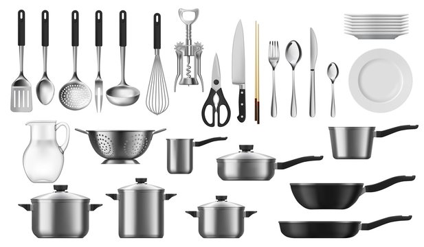 Kitchenware realistic set of vector kitchen utensils, cutlery and tools. Cooking pot, spoon, knife and fork, plate, spatula and whisk, frying pan, saucepan, ladle and colander, jug, corkscrew objects