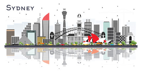 Sydney Australia City Skyline with Gray Buildings and Reflections Isolated on White Background.