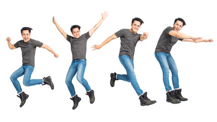 Fototapeta na wymiar cheerful young man jumping over white background