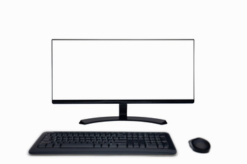 Blank computer screen in office room for copy space. Modern flat screen monitor. Personal computer display isolated on white background. advertise screen. clipping path