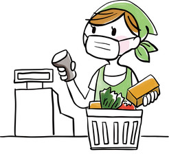 人物：レジ　飛散防止フィルム　マスク　飛沫感染　予防　感染予防　スーパー　お買い物　お会計