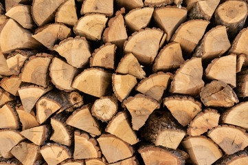 Wall of chopped firewood, Background of dry chopped firewood logs in a pile