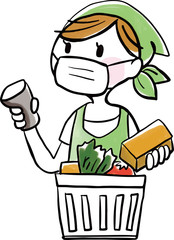 人物：レジ　飛散防止フィルム　マスク　飛沫感染　予防　感染予防　スーパー　お買い物　お会計