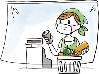 人物：レジ　飛散防止フィルム　マスク　飛沫感染　予防　感染予防　スーパー　お買い物　お会計