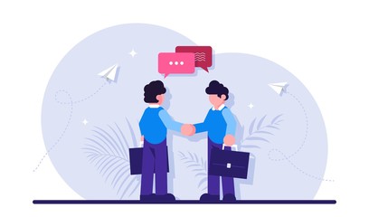 Concept of business agreement, deal, cooperation for development, growth and progress of startup company. Businessmens shaking hands and talking. Modern flat vector illustration.