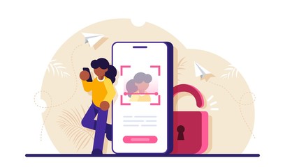 Concept of Face ID technology, biometric authentication, facial recognition system, information protection. Woman uses a mobile phone. Modern flat vector illustration.