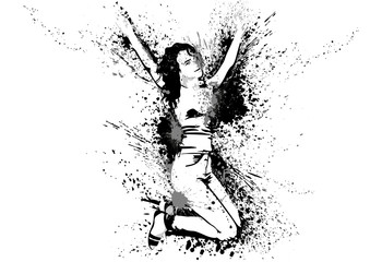 Dancing Girl with Ink Stains and Splashes on White Background - Abstract Illustration, Vector Graphic