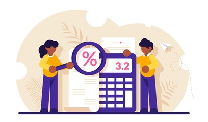 Concept of accounting and auditing service for business, budget planning, revenue calculation. People look through the magnifying glass at the check. Modern flat vector iilustration.
