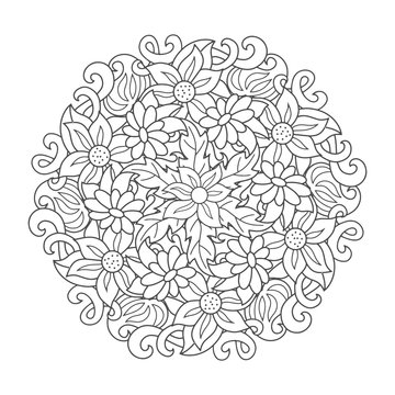 Doodle coloring antistress flower page book with leaf isolated on white. Bundle hand drawing art line for card. Design cloth. Sketch vector stock illustration