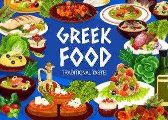 Greek cuisine seafood, vegetable and meat meal, vector food. Salad of feta, olives and tomatoes, shrimp risotto, grilled lamb and cod, fish cream soup, rice pudding dessert, roe dip and mushroom stew