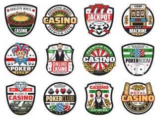 Casino roulette and poker croupier vector icons of gambling games. Casino play cards, roulette wheels, dice and chips, jackpot, slot machine, blackjack, cash money and gold coins, lucky horseshoe, 777