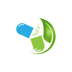 Capsule pharmacy medical logo template vector. Logo with nature or leaf with blue and green color. This logo is suitable for health business, doctor, hospital, cross symbol.