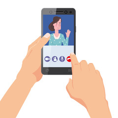 Hand holds smartphone. Video conference man on screen phone talking by internet in videocall, chat, UI,UX interface