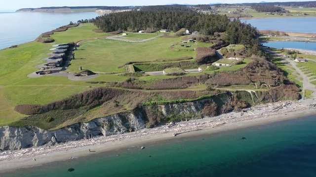 Aerial / drone footage of Fort Casey State Park on Whidbey Island near Seattle, Washington during the COVID-19 pandemic closure