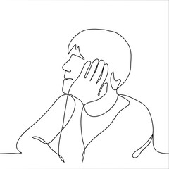 Portrait of a Man, guy sitting dreamy and contented propping his face with his left hand. One continuous line drawing is the concept of dreaming, love, pleasant expectation. Can be used for animation