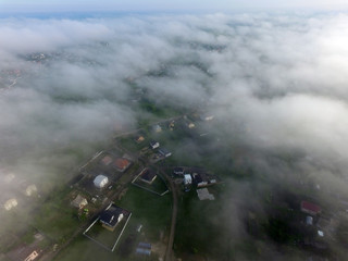 Aerial view saburb landscape (drone image). with the morning fog. Near Kiev 