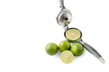 stainless Squeezer with  lemon sliced on white background