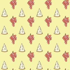 Seamless Vector Pattern. Pink Grape and Swiss Cheese with Holes on Yellow Background