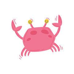 Cute pink baby crab vector illustration. Underwater world animal. Summer beach print. Doodle cartoon style